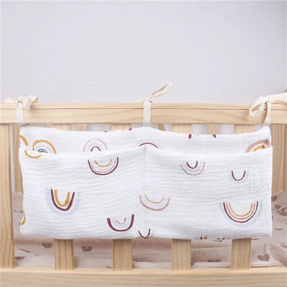 Cotton crib side storage for baby items, easy to install and use