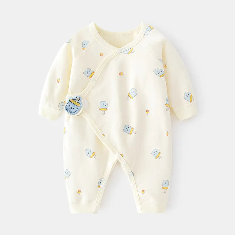 Unisex cotton newborn romper, soft print, long sleeve infant jumpsuit for babies, front view