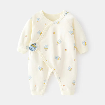 Unisex cotton newborn romper, soft print, long sleeve infant jumpsuit for babies, front view