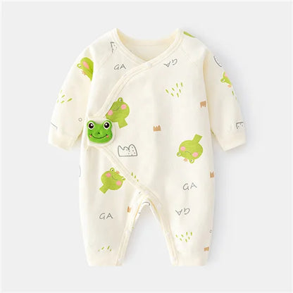 Folded unisex cotton newborn romper, showcasing soft print and quality fabric, baby apparel