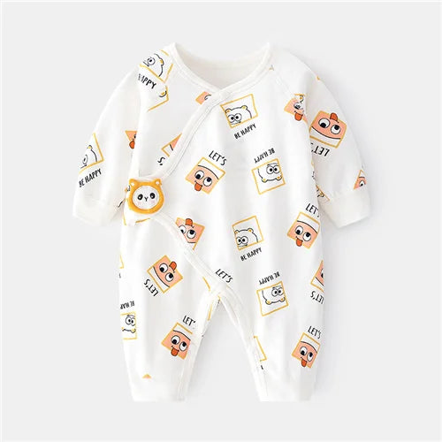 Soft print baby jumpsuit, unisex, with practical front snap buttons for quick changes