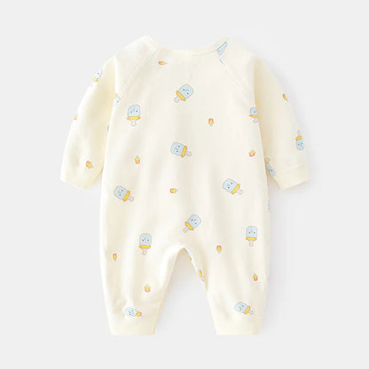 Close-up of soft print design on unisex cotton newborn romper, gentle fabric texture
