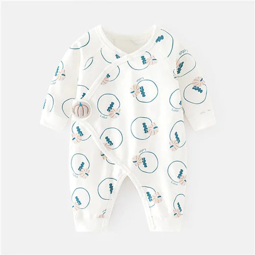 Unisex newborn long-sleeved romper, soft print, showing back detail with leg snaps