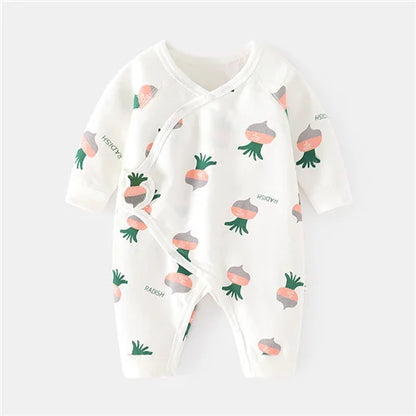 Soft print cotton baby onesie, unisex, close-up of collar and shoulder snaps for easy dressing