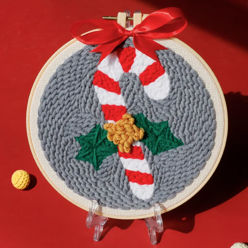 Close-up of different yarn textures and colors from the home decor punch needle art kit