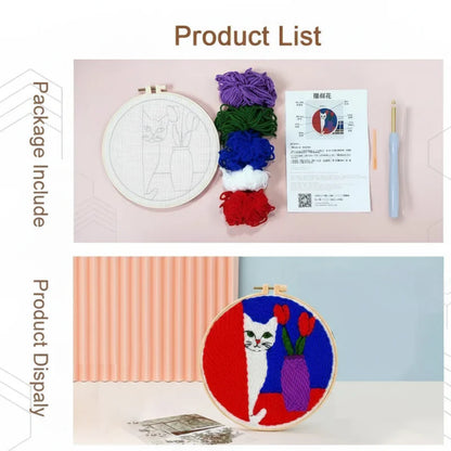 Detailed view of punch needle art kit with colorful yarn and fabric for stress relief craft