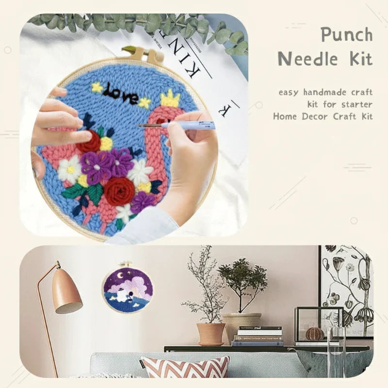 Home decor DIY punch needle kit, perfect for beginners, featuring all tools and colorful yarns