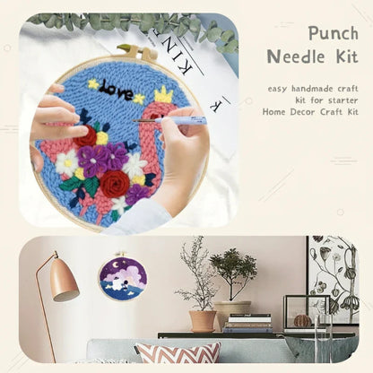 Home decor DIY punch needle kit, perfect for beginners, featuring all tools and colorful yarns