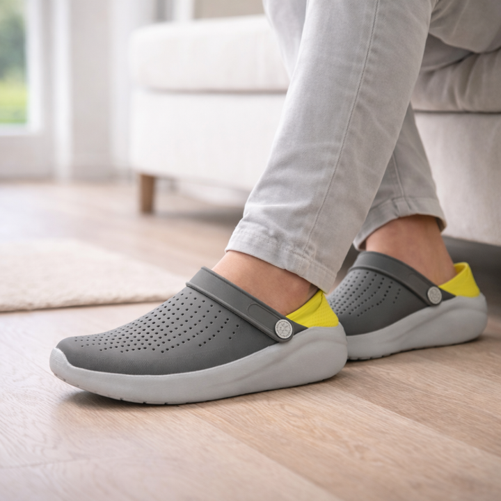 Unisex cushioned comfort sandals in grey, black, blue, and red with arch support.