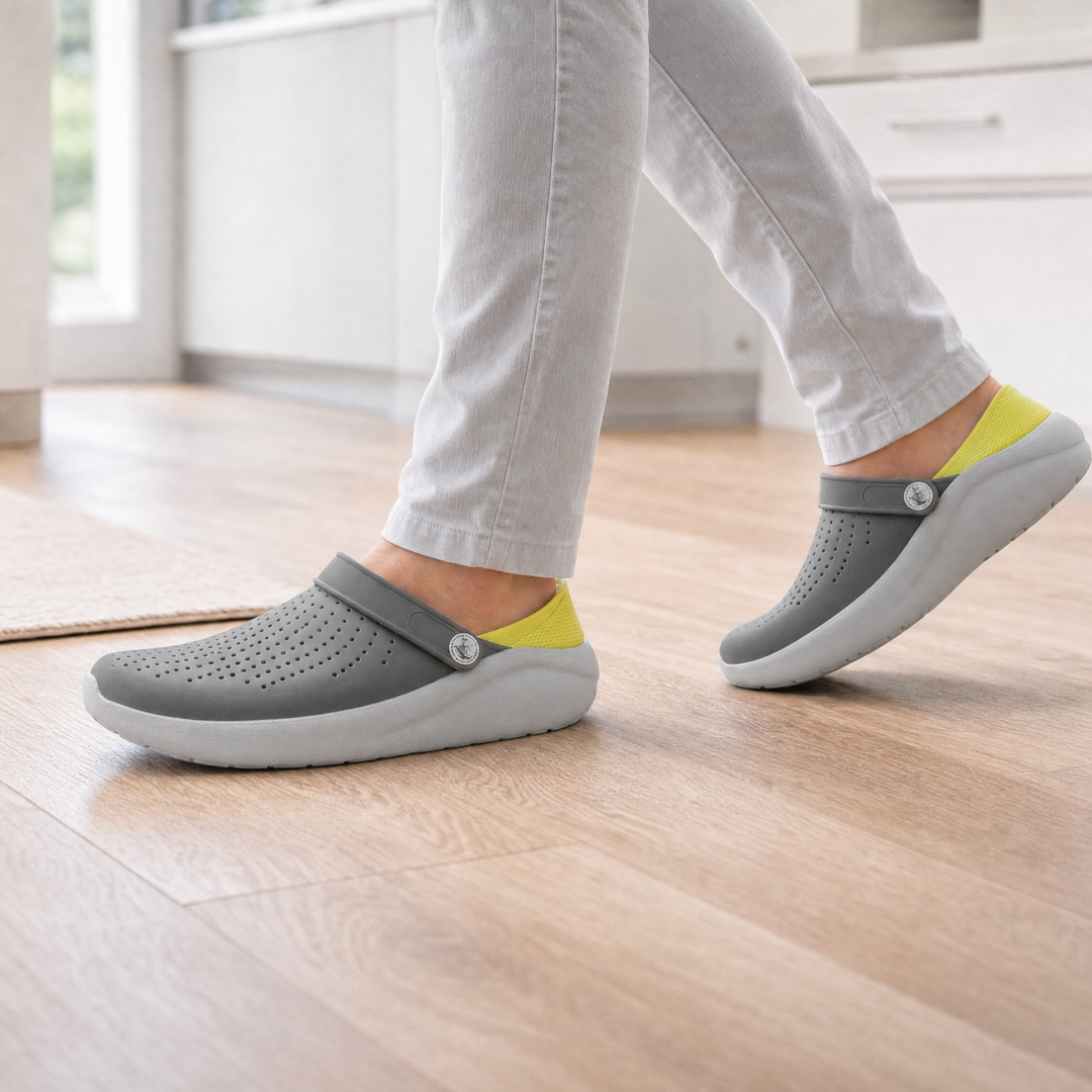 Grey unisex comfort sandals, breathable design with padded footbed & arch support for walking.