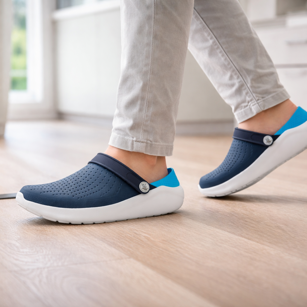 Red unisex comfort sandals featuring padded footbed, arch support, and breathable design.