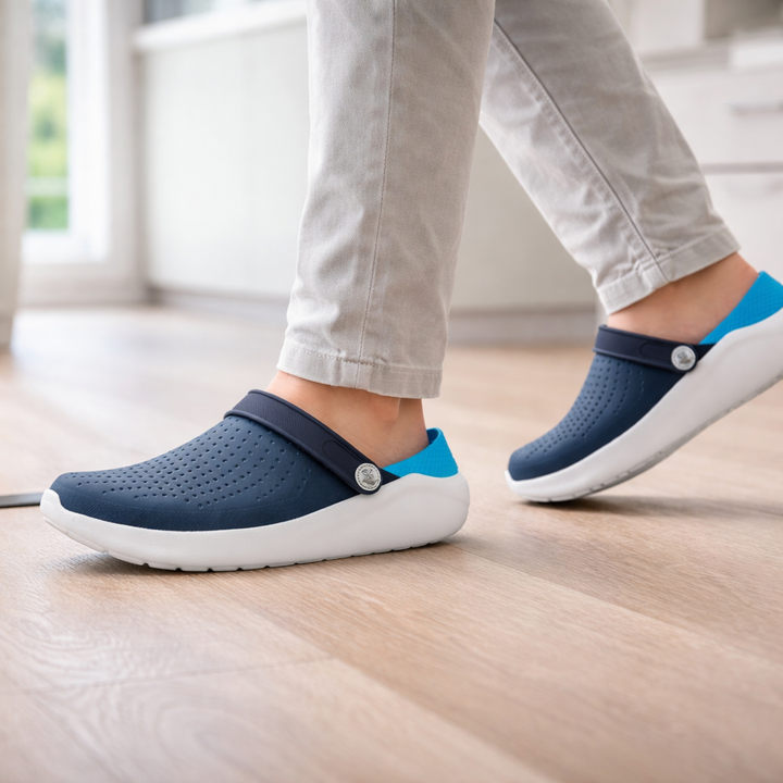 Red unisex comfort sandals featuring padded footbed, arch support, and breathable design.