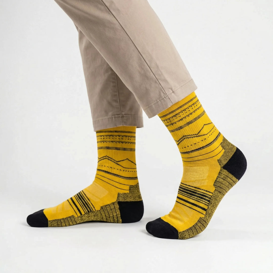 Athletic performance mid-calf socks, unisex. Cushioned, durable, ideal for sports and outdoor gear.