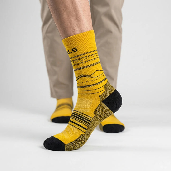 Unisex active performance mid-calf socks with cushioning, moisture-wicking, breathable for athletes.