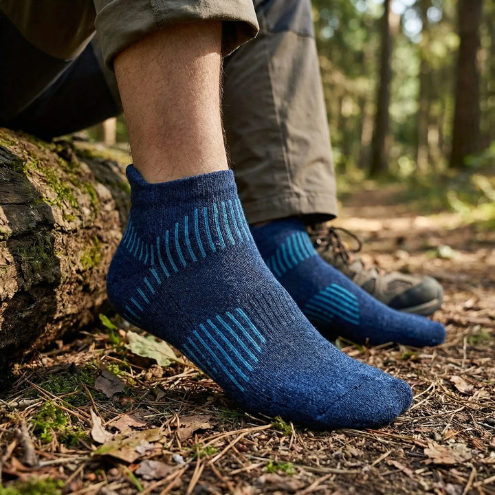 Unisex cushioned no-show ankle socks for active wear, running, hiking, and daily comfort.