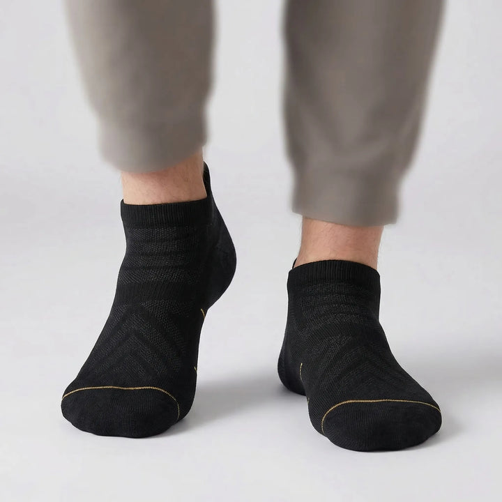 Durable 5-pack merino wool cushioned no-show ankle socks, designed for unisex active sports & comfort.