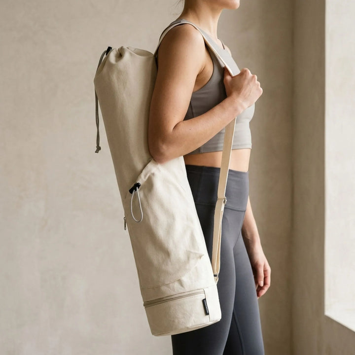 Unisex cylindrical yoga mat carrier bag in green, ideal for gym, studio, or fitness class.