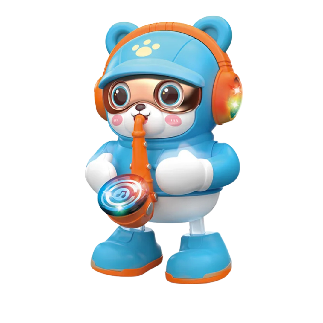 Interactive kids toy: a cute teddy bear playing a saxophone and dancing, great for toddlers