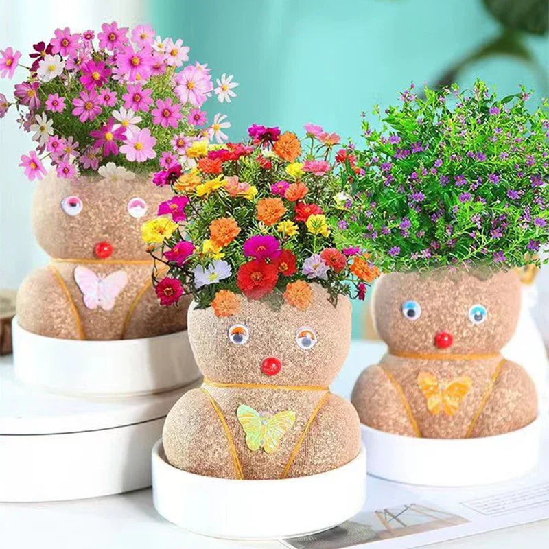 Close-up of a novelty Grass Head growing kit, showing vibrant green shoots and easy care plant