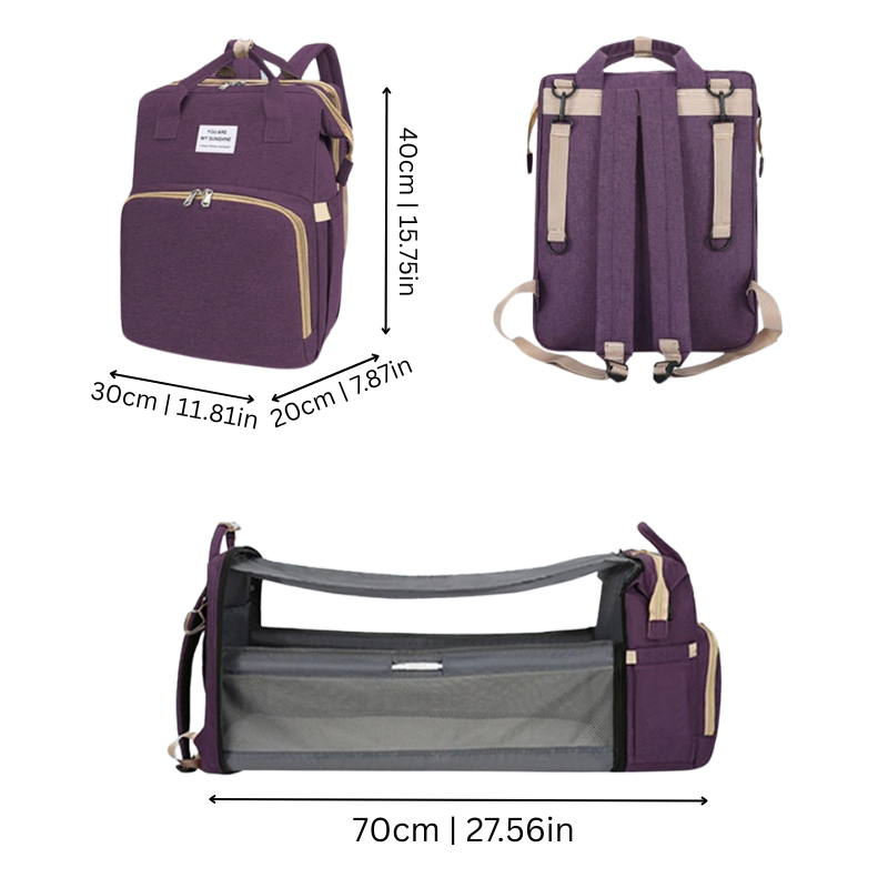Front view of a stylish unisex diaper bag backpack, showcasing its spacious design and polyester fabric.
