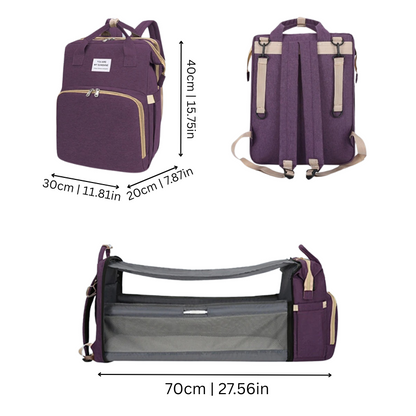 Front view of a stylish unisex diaper bag backpack, showcasing its spacious design and polyester fabric.