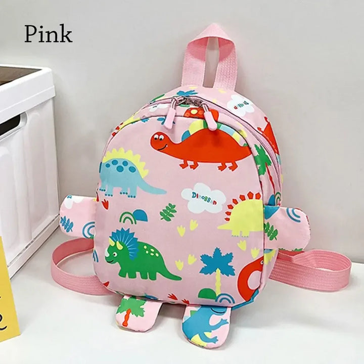 Toddler reaching for a cute dinosaur backpack, an essential kids school bag for daily activities, unisex design