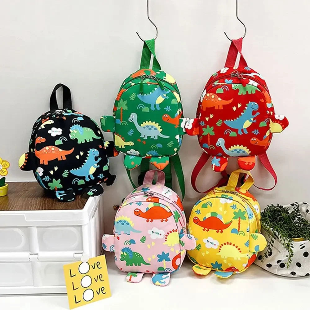 Close-up of a cute green dinosaur toddler backpack, perfect kids school bag made of durable nylon