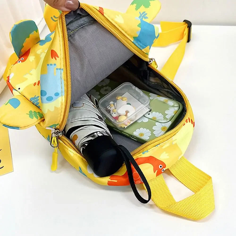 Side view of a spacious dinosaur toddler backpack, multi-compartment kids school bag, water resistant nylon