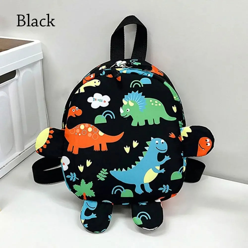 Detail of dinosaur character on a toddler backpack, charming kids school bag for little ones, durable & light