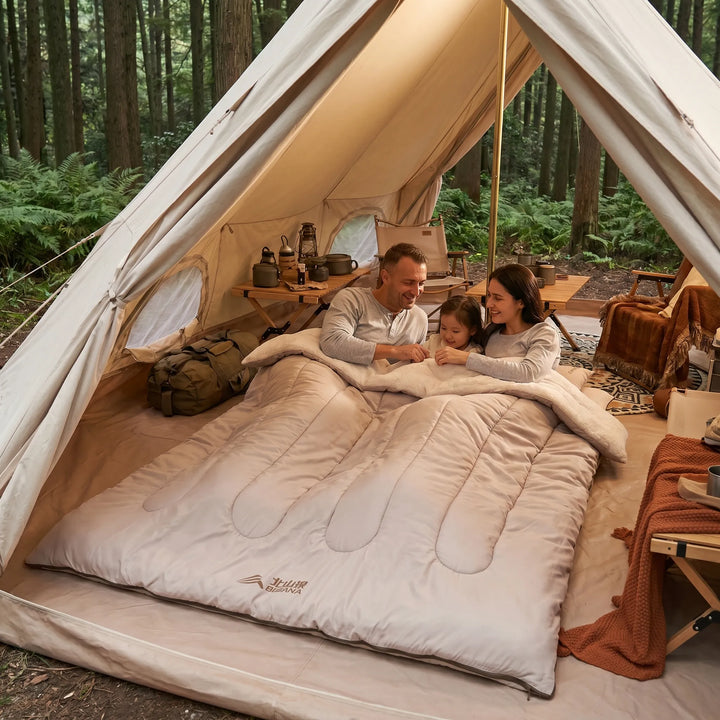 Unisex double sleeping bag, detachable for two. Ideal outdoor gear for camping couples, hiking, and travel adventures.