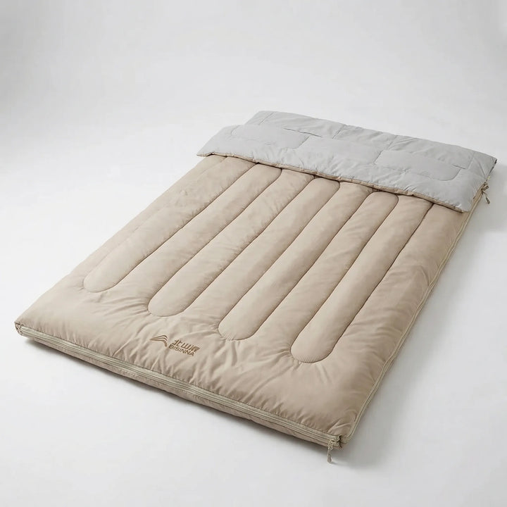 Versatile detachable double sleeping bag for couples. Separates into two single bags for flexible outdoor camping & hiking.