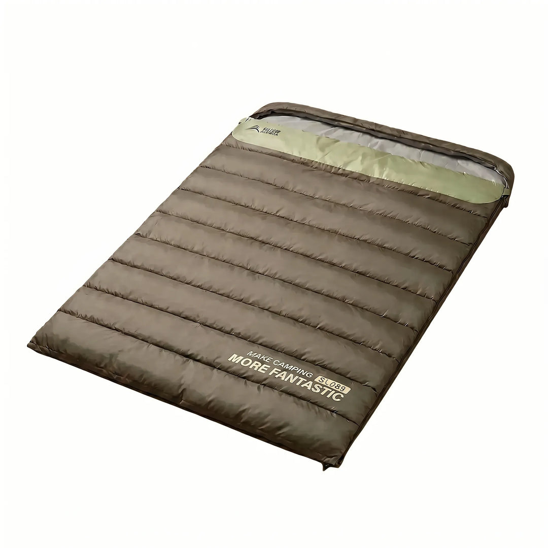 Insulated 4-season double sleeping bag for couples. Lightweight, portable & heavy-duty for all camping trips.