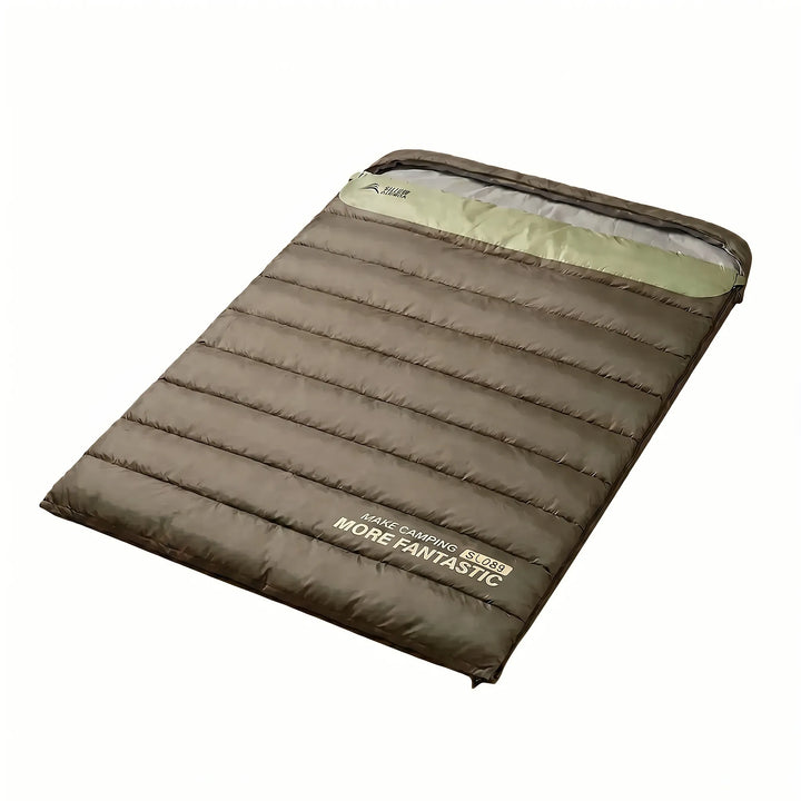 Insulated 4-season double sleeping bag for couples. Lightweight, portable & heavy-duty for all camping trips.