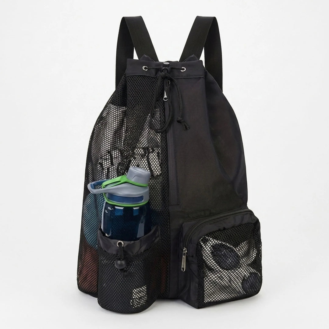 Versatile unisex drawstring travel bag. Wet/dry compartment for swimwear or dirty clothes on trips.