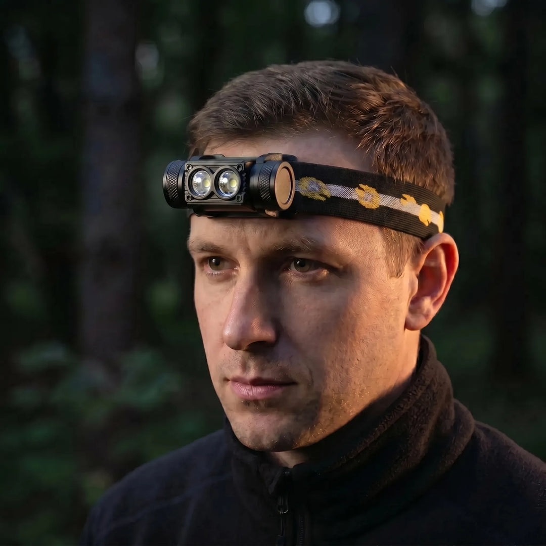 Unisex dual-LED rechargeable headlamp with USB-C for hands-free outdoor adventures like camping, hiking & fishing.