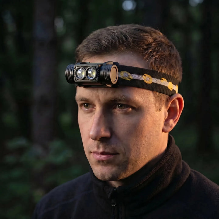 Unisex dual-LED rechargeable headlamp with USB-C for hands-free outdoor adventures like camping, hiking & fishing.