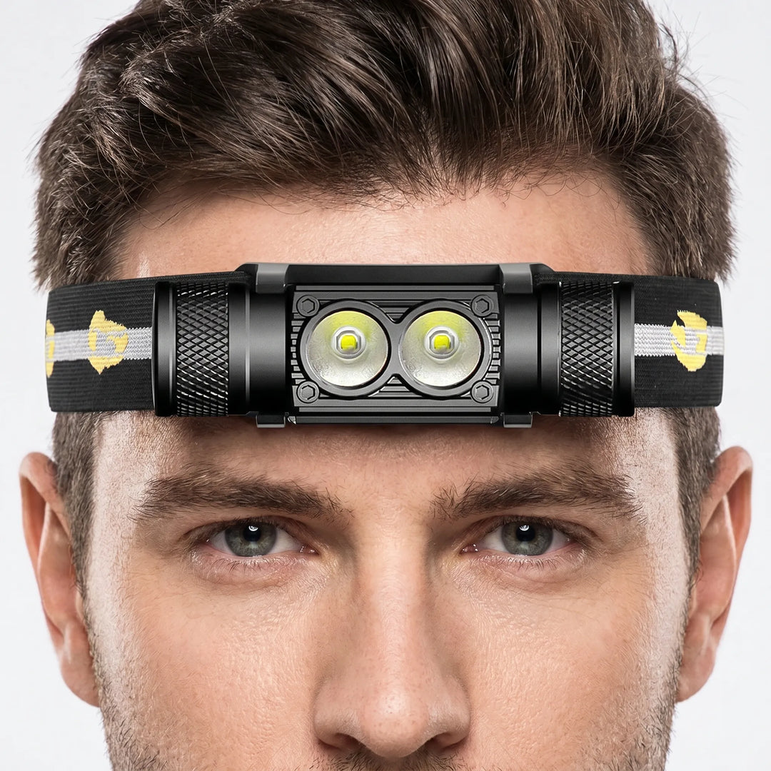 Bright dual-LED headlamp, USB-C rechargeable for hiking, fishing, and camping. Hands-free outdoor lighting.
