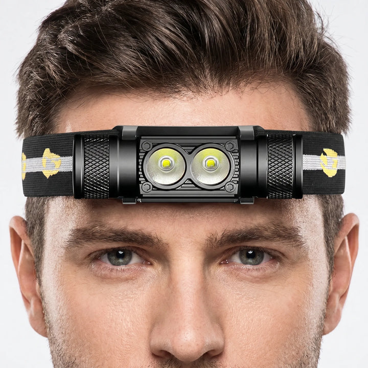 Bright dual-LED headlamp, USB-C rechargeable for hiking, fishing, and camping. Hands-free outdoor lighting.