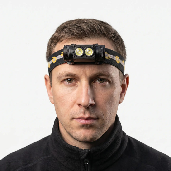 Lightweight unisex dual-LED headlamp, rechargeable via USB-C, ideal for night hiking, camping & outdoor tasks.