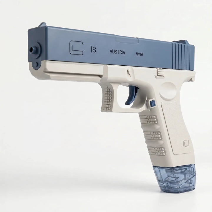 Sleek blue & white electric water blaster. Modular design water gun for thrilling pool games & beach fun.