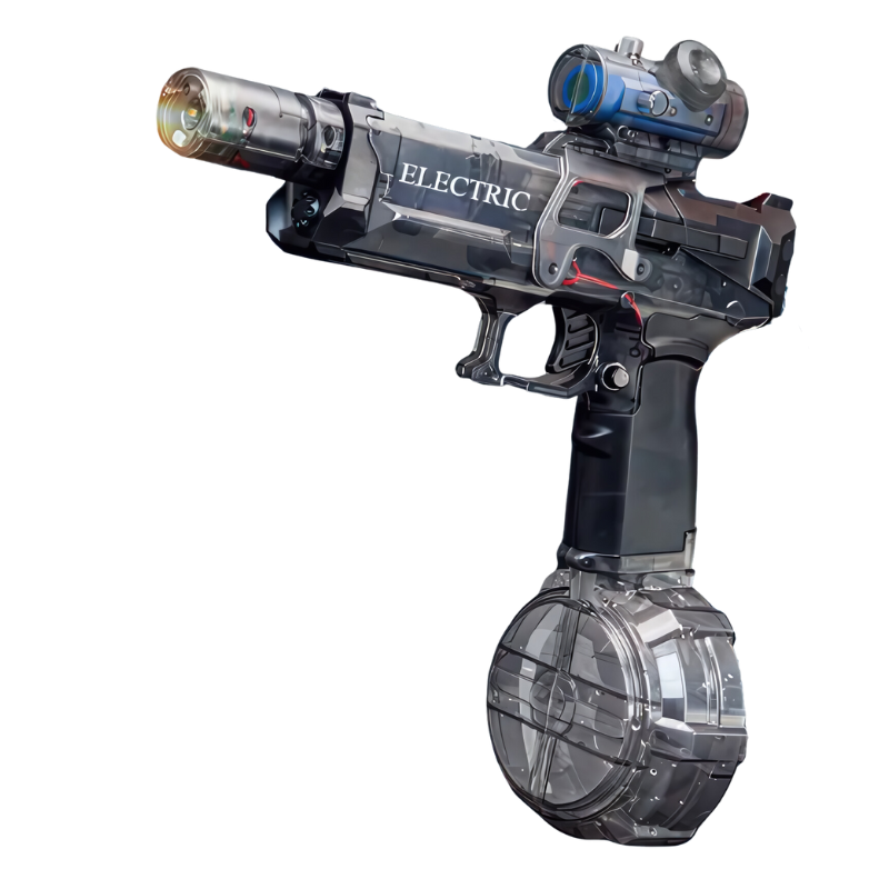 Close-up of a blue and white electric water blaster, perfect outdoor toy for summer fun