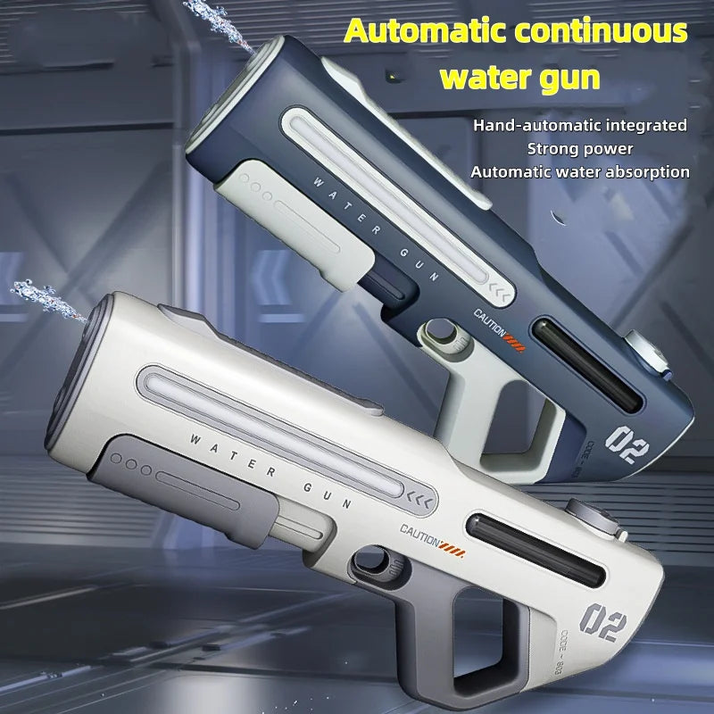 Close-up of a high-tech electric water gun, an exciting outdoor water play toy