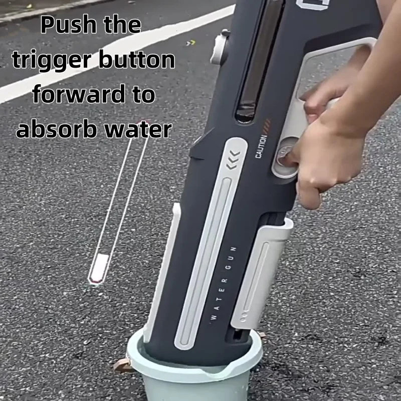 Dynamic shot of water being propelled from an electric blaster, a fun outdoor toy