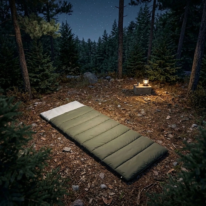 Unisex envelope sleeping bag for camping & hiking. Lightweight, cotton fill, compact for outdoor travel.