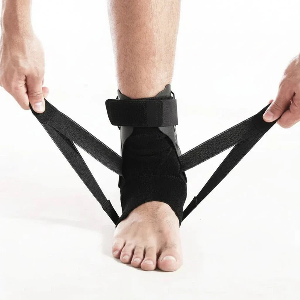 Unisex ergonomic ankle brace with double stabilizers for sports, fitness, & injury prevention.