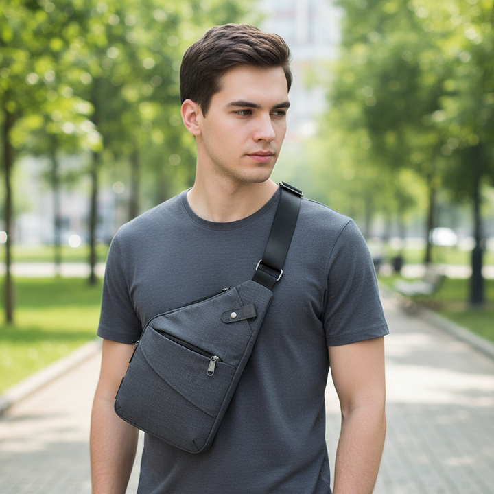 Black nylon anti-theft crossbody bag, ideal for secure daily use & comfortable travel.