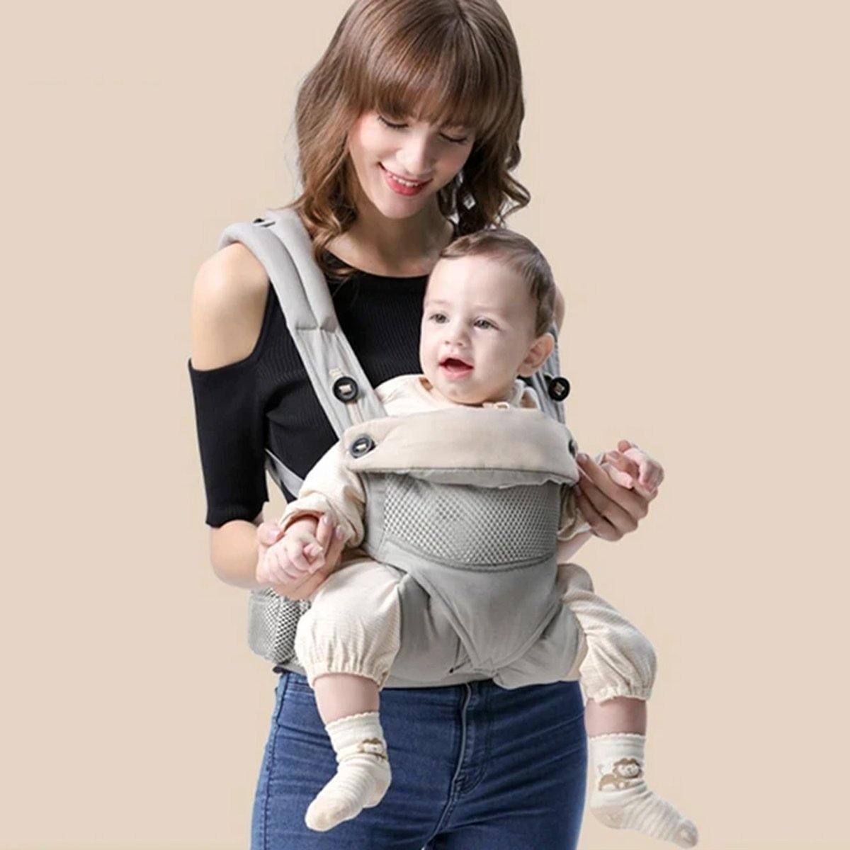 Unisex ergonomic baby carrier in gray, adjustable straps for newborn and infant comfort
