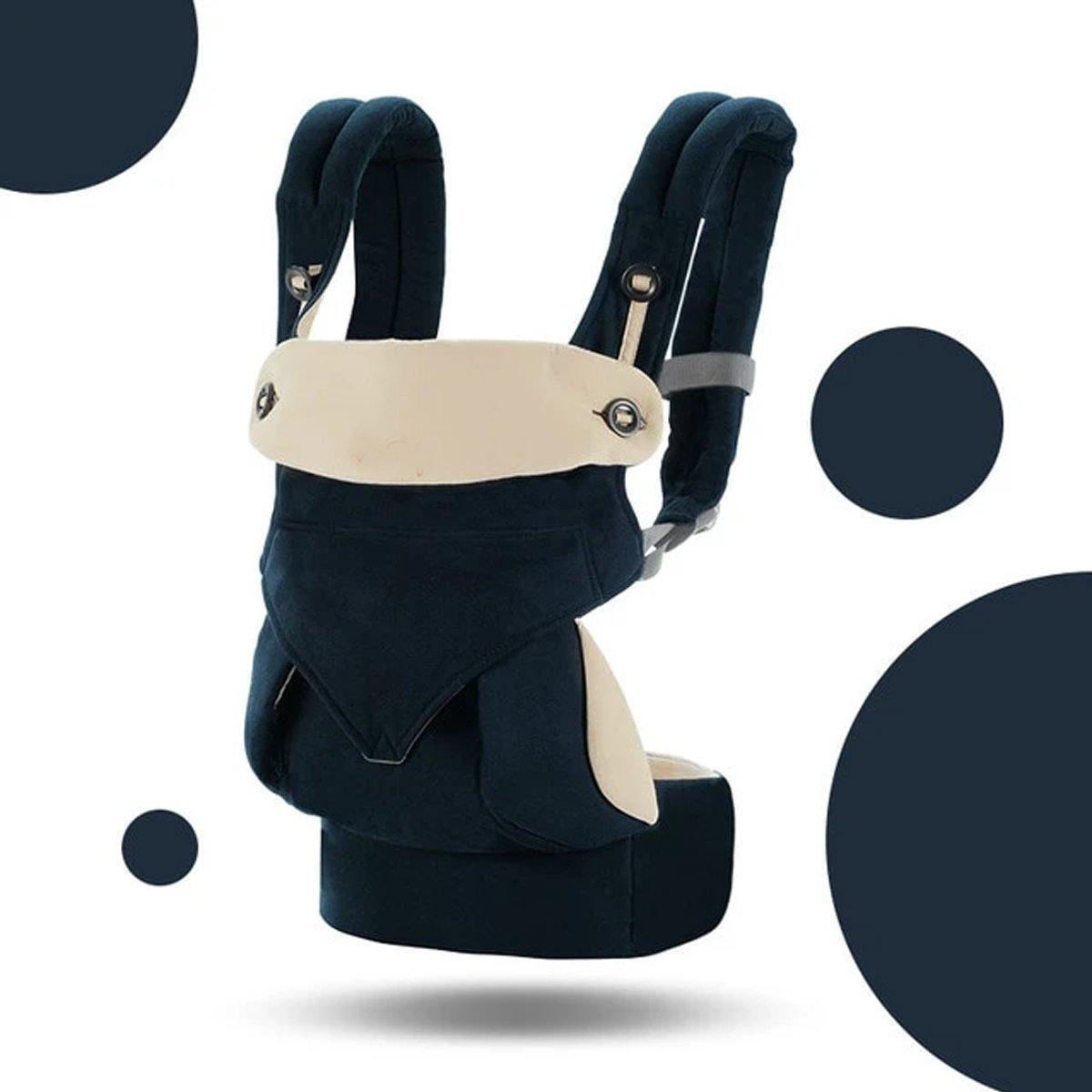 Back view of ergonomic baby carrier: parent wearing it, showcasing even weight distribution