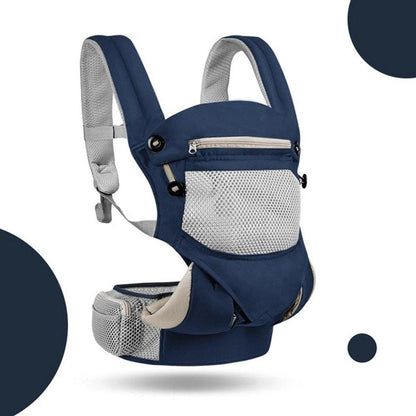 Infant asleep in a comfortable, ergonomic cotton baby carrier designed for extended wear