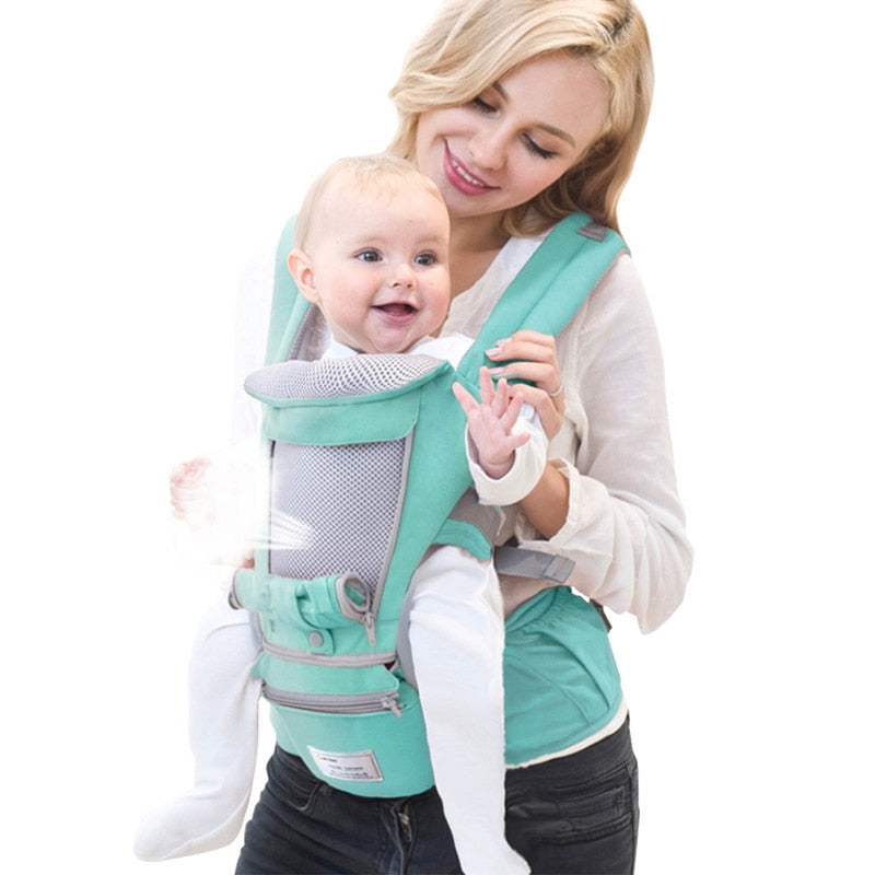 Collection of ergonomic baby carriers in various colors, highlighting adjustable features and baby gear